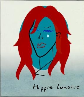 art image of face with long red hair with blue background